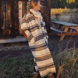 Vintage Woolrich Serape Stripe Wool Coat w/ Leather Elbow Patches